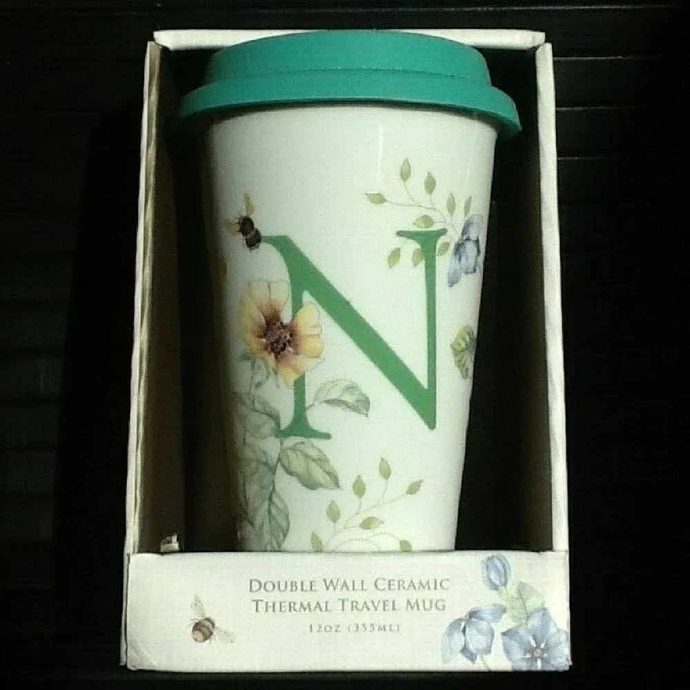 brand new HEAVY Lenox Butterfly Meadow Initial N 12-oz Porcelain Tumbler w/ Lid